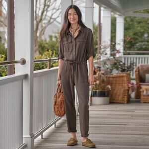 Sundance Belted All Roads Jumpsuit Rolled Sleeve Collared Green Petite Medium